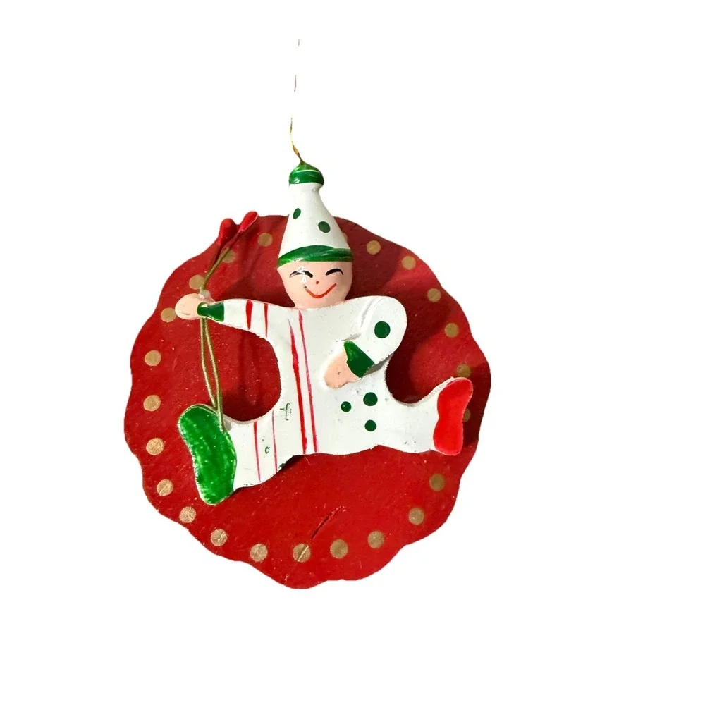 Vintage Christmas 12 Wooden Ornaments Hand Made Hand Painted 3-4